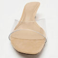 Oakmoo nude and clear wedge mule sandal, clear strap and square-toe detail