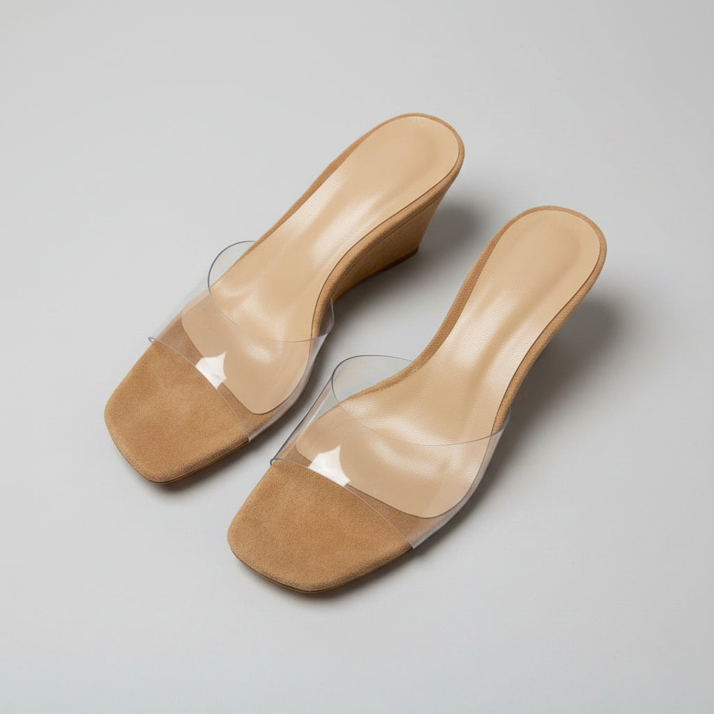 Oakmoo clear strap nude wedge mule sandals, women’s size 9, front view