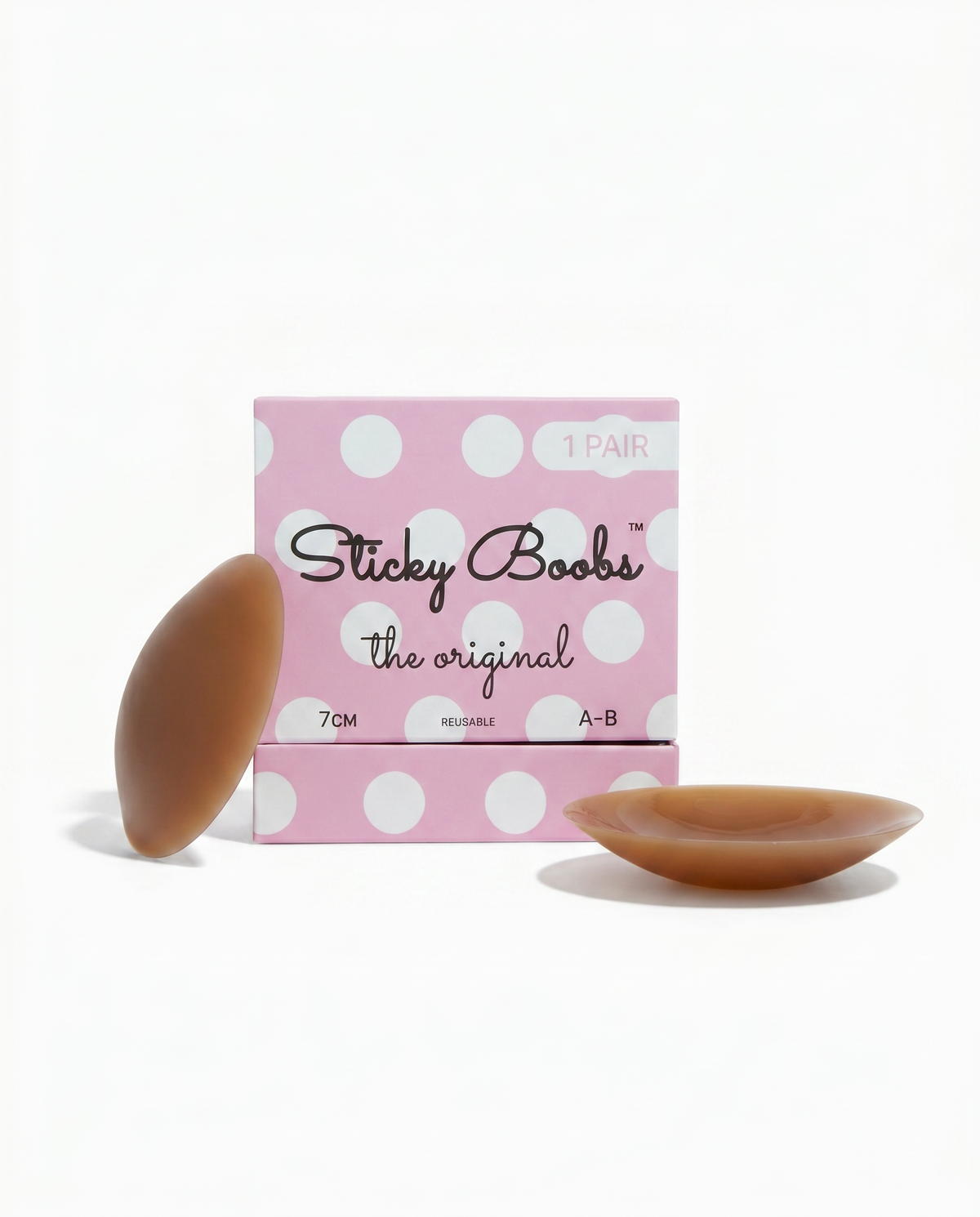 Sticky Boobs adhesive silicone nipple covers in dark, cup size A-B, with box