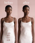 Before and after of Sticky Boobs dark covers under a white slip dress, A-B
