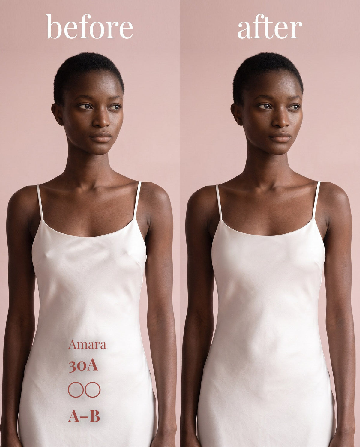 Before and after of Sticky Boobs dark covers under a white slip dress, A-B