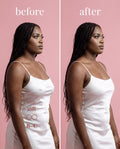 Side view before and after of Sticky Boobs dark covers under a satin slip