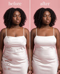 Before and after of Sticky Boobs dark nipple covers under a white slip, C-D+