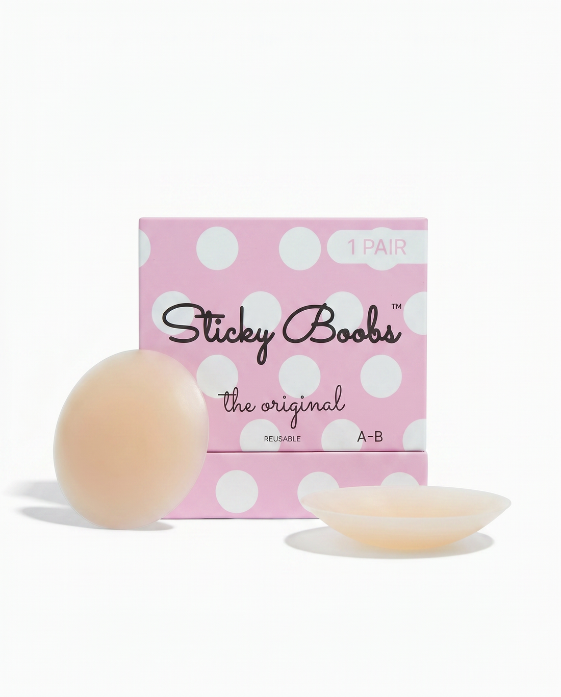 The Original Sticky Boobs silicone nipple covers in light, cup size A-B, with box