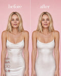 Before and after of Sticky Boobs nipple covers under a white satin slip dress