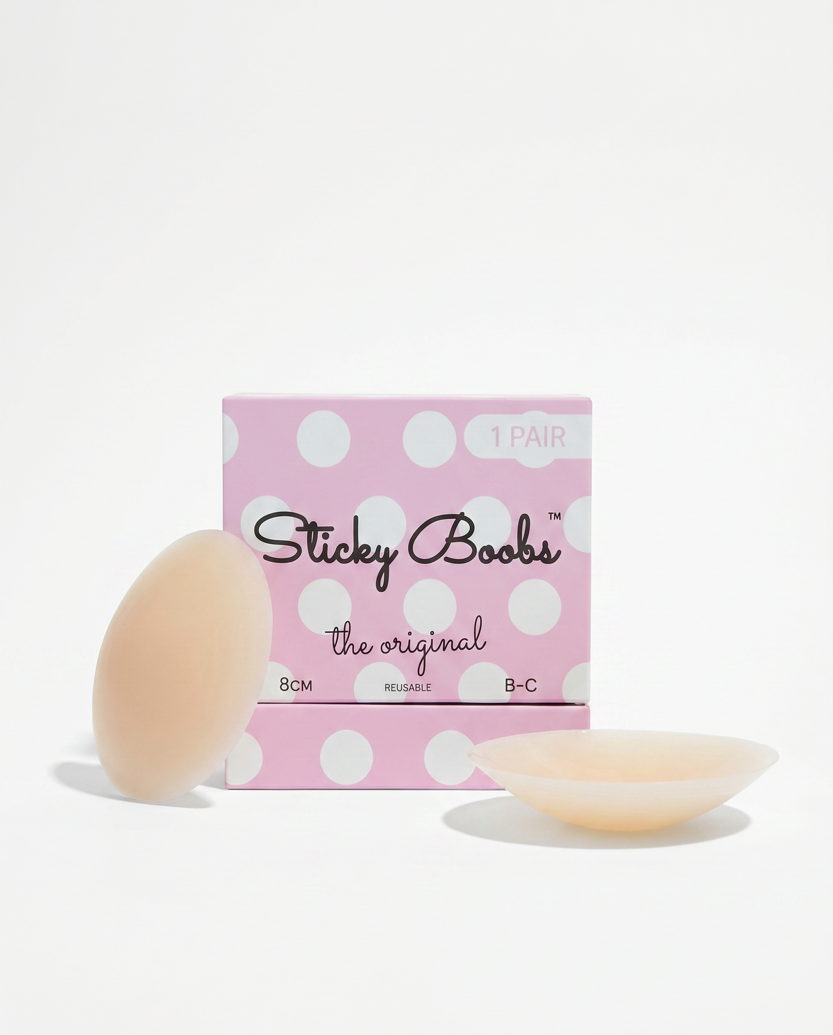 Sticky Boobs adhesive silicone nipple covers in light, cup size B-C, with box