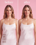 Sticky Boobs before and after under a fitted white slip dress, cup size B-C