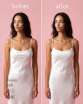 Sticky Boobs before and after under a white satin slip dress, size A-B