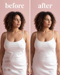 Before and after of Sticky Boobs nipple covers worn under a white tank dress