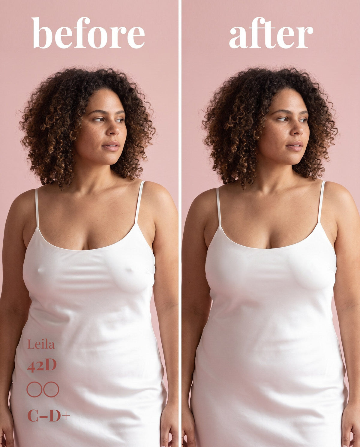 Before and after of Sticky Boobs nipple covers worn under a white tank dress