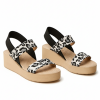 Pair of sandals with leopard print straps on a white background