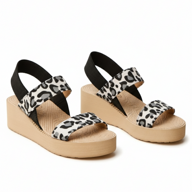 Pair of sandals with leopard print straps on a white background