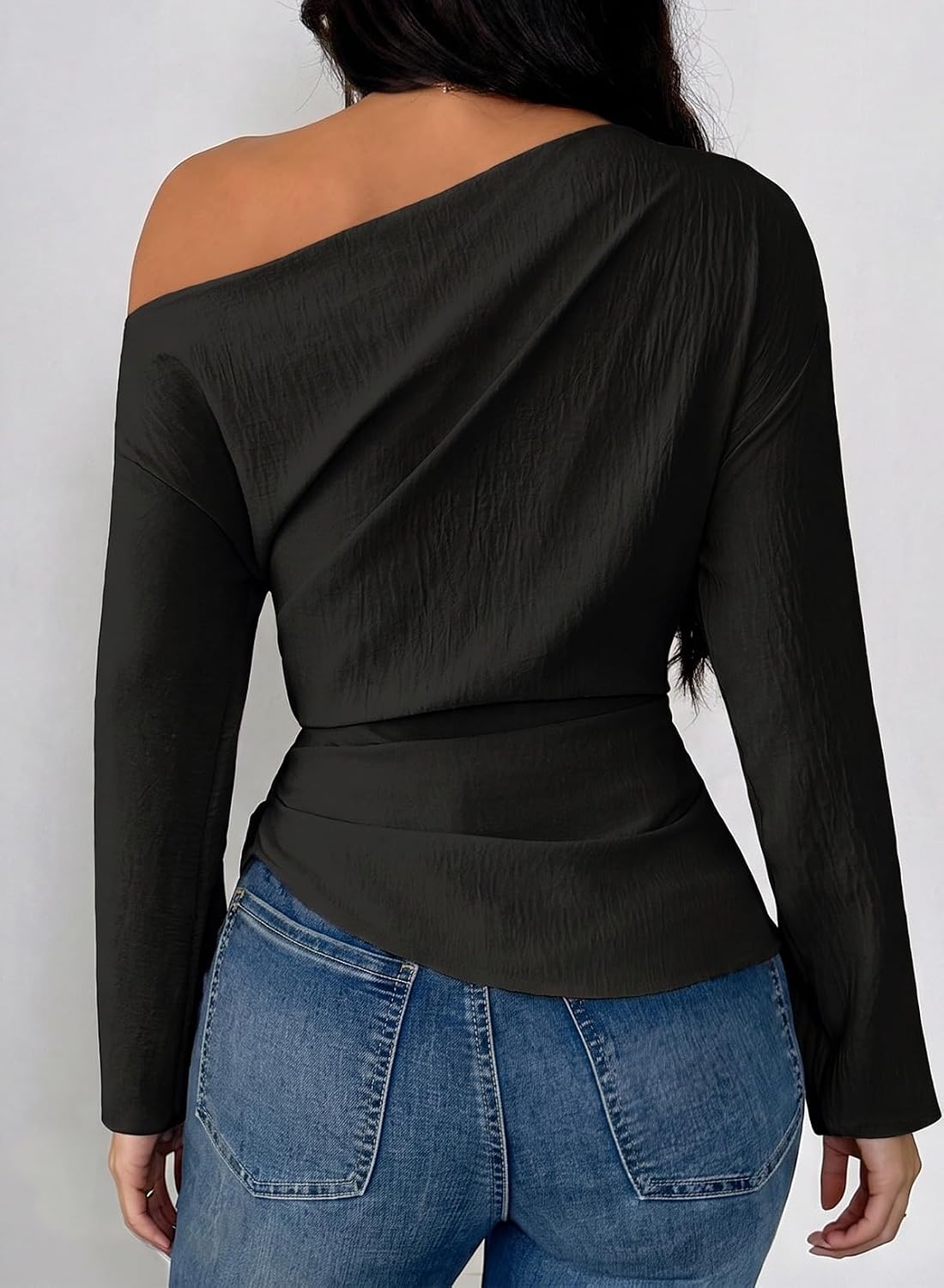 Pink Queen black off-shoulder long sleeve top fit detail