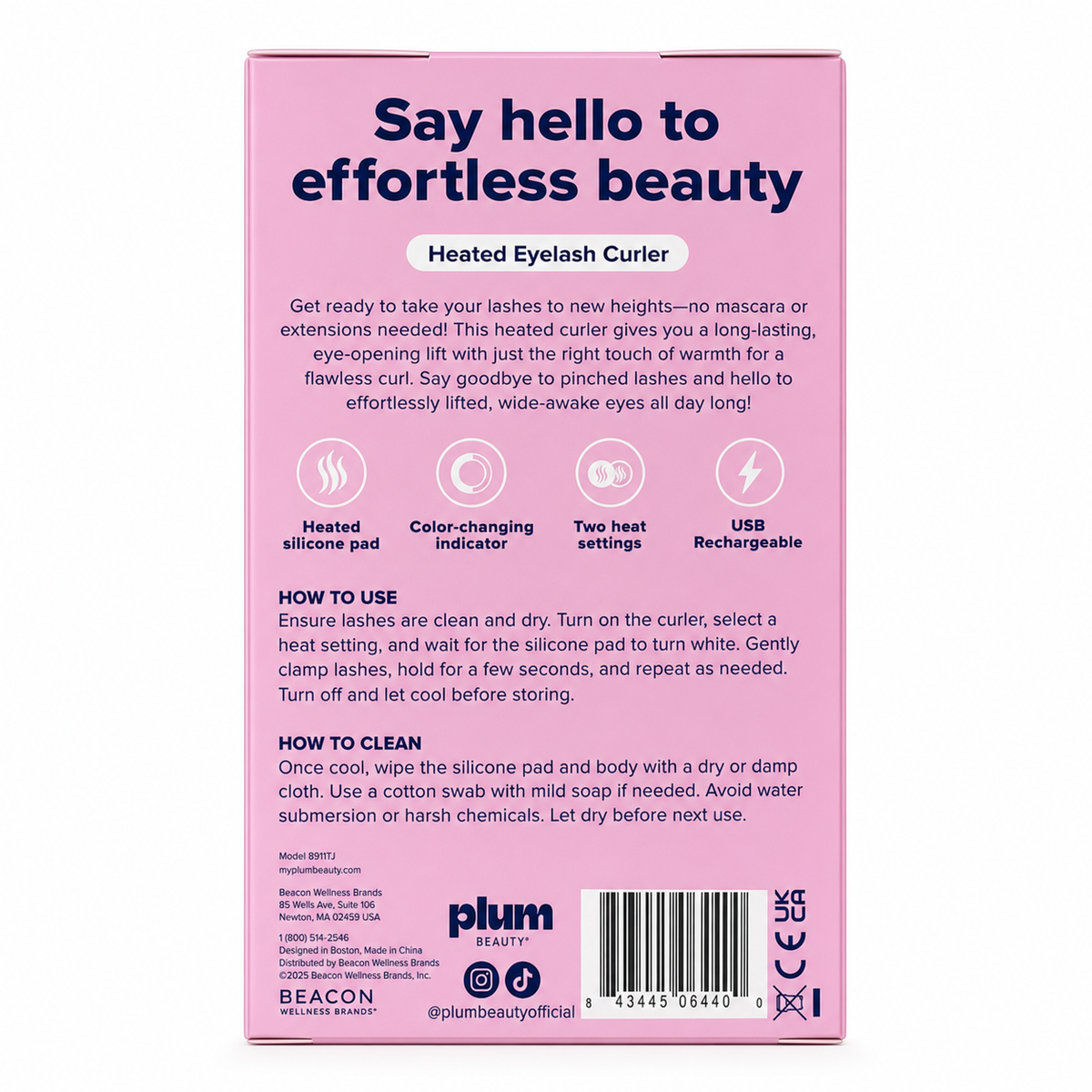Plum Beauty Lash Lift Off Heated Eyelash Curler in Pink, back packaging and instructions