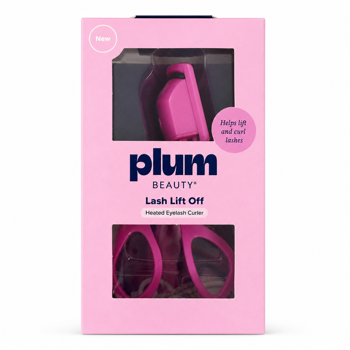 Plum Beauty Lash Lift Off Heated Eyelash Curler in Pink, front packaging