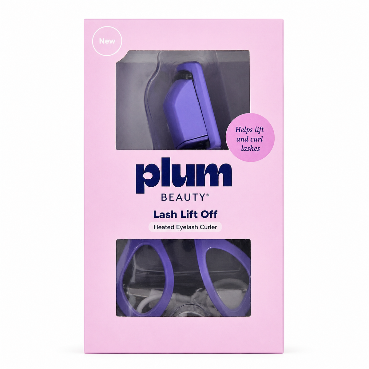 Plum Beauty Lash Lift Off Heated Eyelash Curler in Purple, front packaging