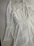 Rebecca Minkoff white crochet mini dress, front bodice and bell sleeve
