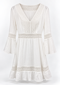 Rebecca Minkoff white crochet mini dress with bell sleeves and ruffle hem, product-only front view