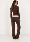 Rosalie brown lace trim crop top and wide leg pants set, front view