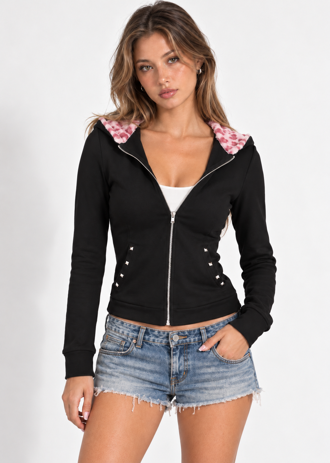 Roxie black zip-up hoodie with pink leopard-lined hood up and denim shorts