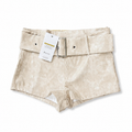 ELLEVEN beige belted faux leather shorts front view