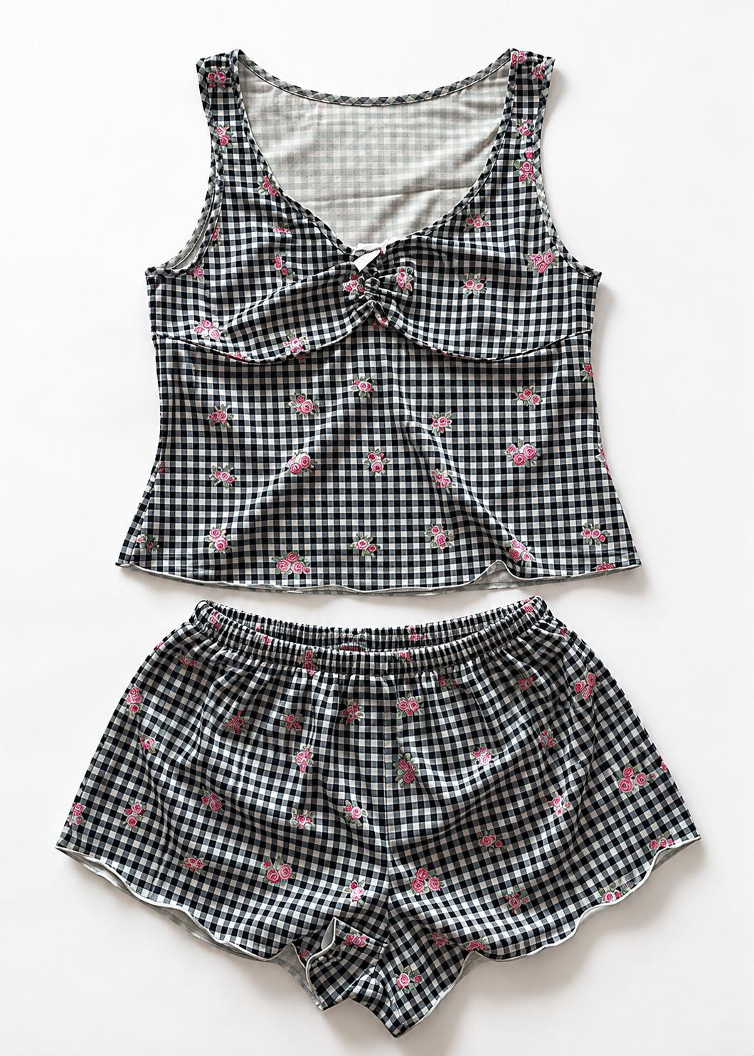 Sewius gingham and pink rose pajama tank and shorts set, front studio view