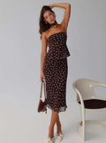 Princess Polly Sydni midi skirt in chocolate brown and pink polka dots, front view