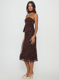 Princess Polly Sydni midi skirt in chocolate brown and pink polka dots, back view