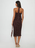 Princess Polly Sydni midi skirt in chocolate brown and pink polka dots, detail view