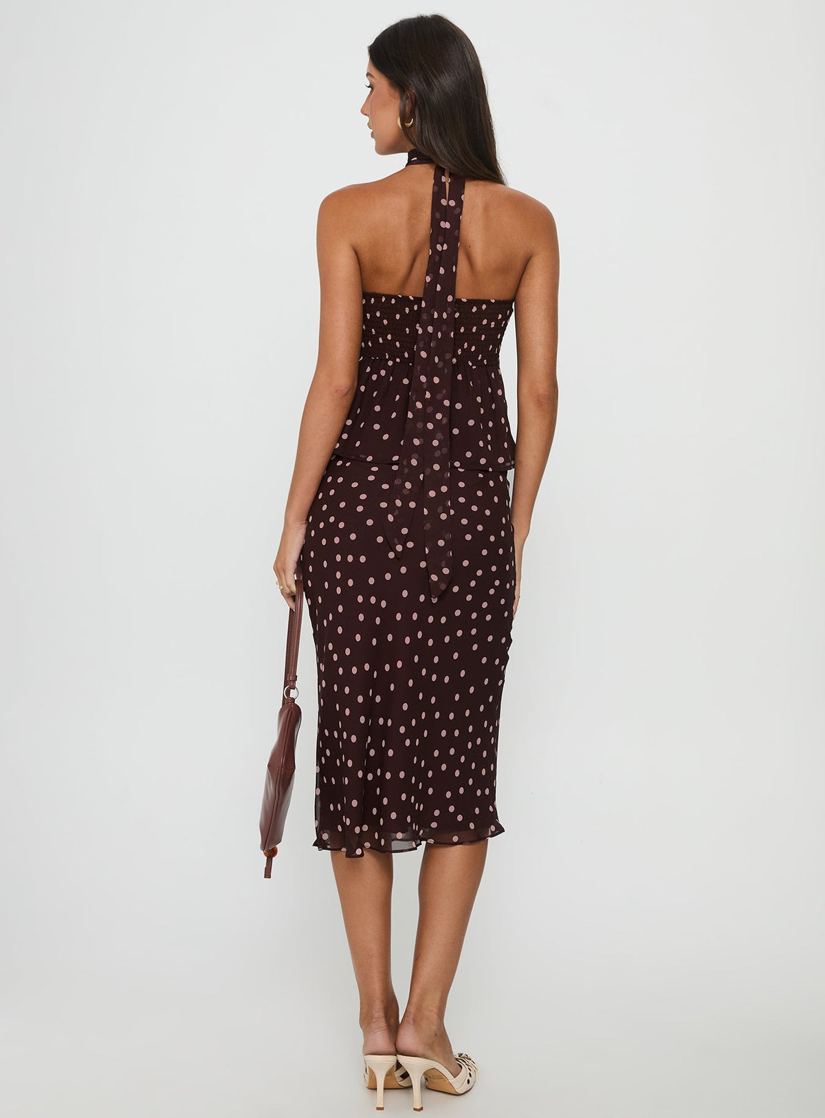 Princess Polly Sydni midi skirt in chocolate brown and pink polka dots, detail view