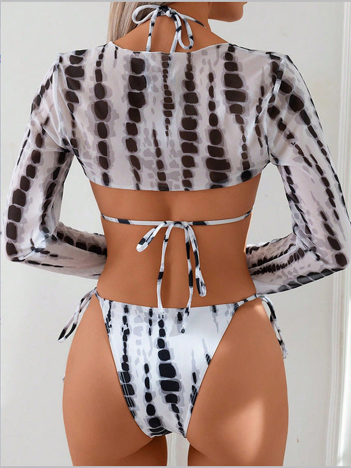 Tie-dye bikini and sheer cover-up, back view