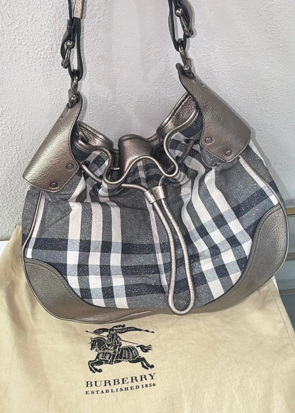 Burberry Shimmer Check Hobo in Pewter
