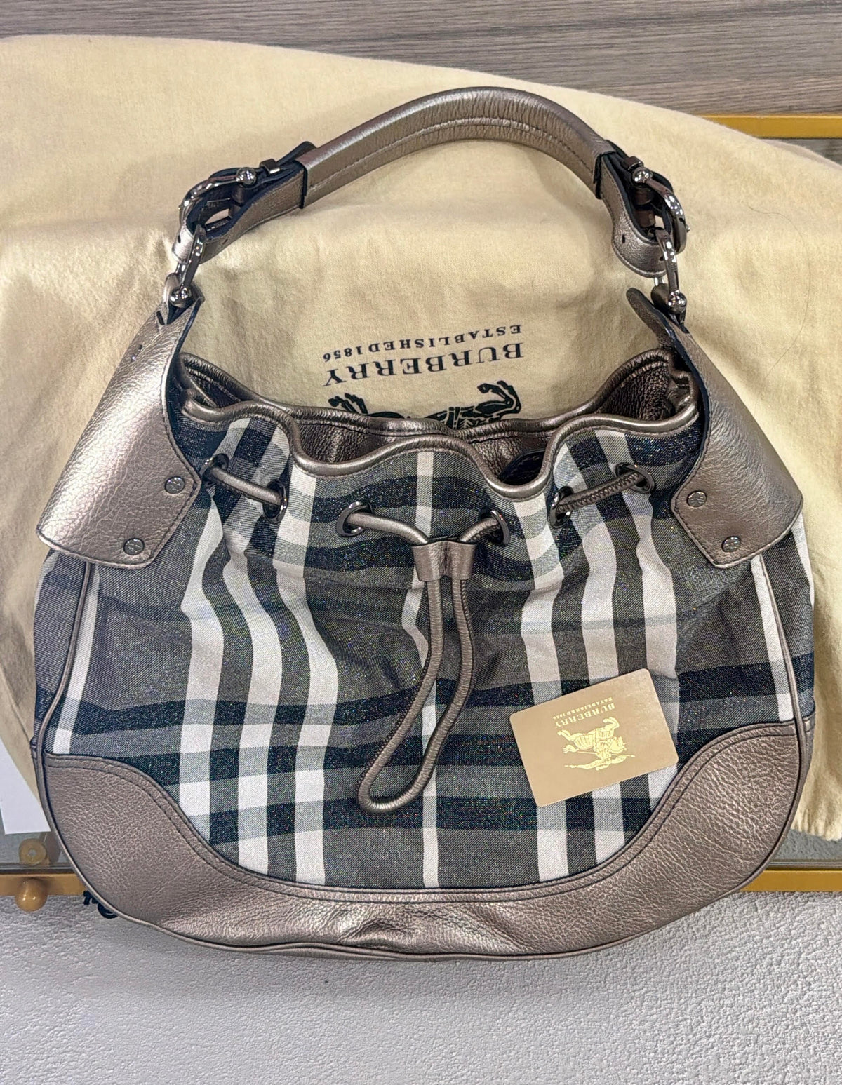 Burberry Shimmer Check Hobo in Pewter