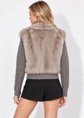 Vesper Faux Fur Cropped Jacket in gray, back view showing rib-knit sleeves and hem