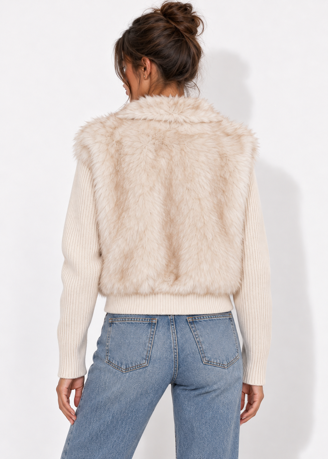 Vesper Faux Fur Cropped Jacket in off-white, back view showing rib-knit sleeves and hem