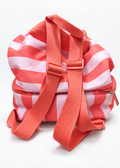 Victoria's Secret coral pink striped cooler backpack, back view with relaxed coral straps