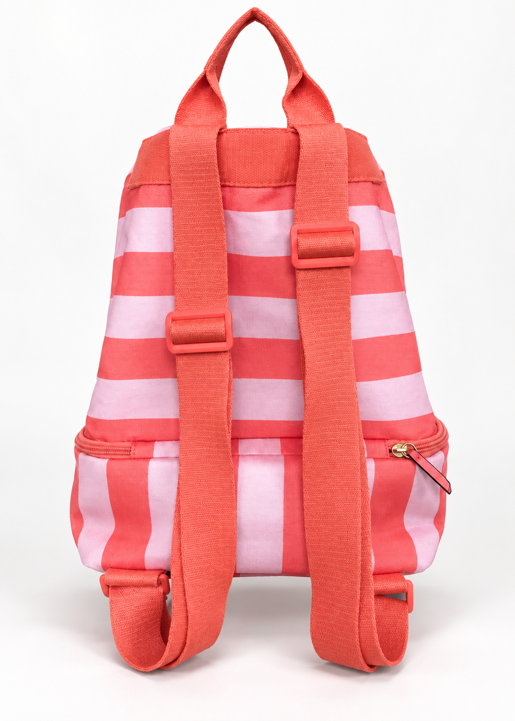 Victoria's Secret coral pink striped cooler backpack, upright back view with adjustable coral straps