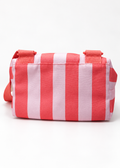Victoria's Secret coral pink striped cooler backpack, striped underside and strap attachment details