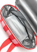 Victoria's Secret coral pink striped cooler backpack, close-up of insulated cooler lining