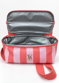 Victoria's Secret coral pink striped cooler backpack, open bottom cooler compartment with silver lining
