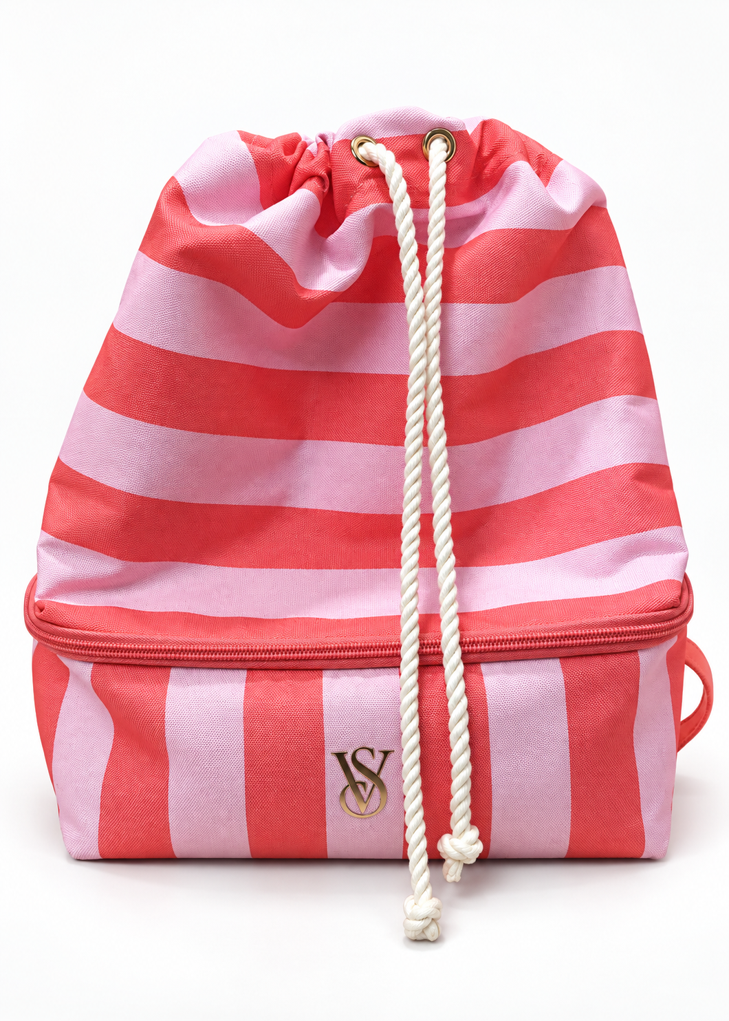 Victoria's Secret coral pink striped cooler backpack, front view with tied cream drawstring