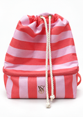 Victoria's Secret coral pink striped cooler backpack, front view with extended cream drawstrings