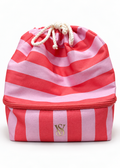 Victoria's Secret coral pink striped cooler backpack, front view with tied cream drawstring