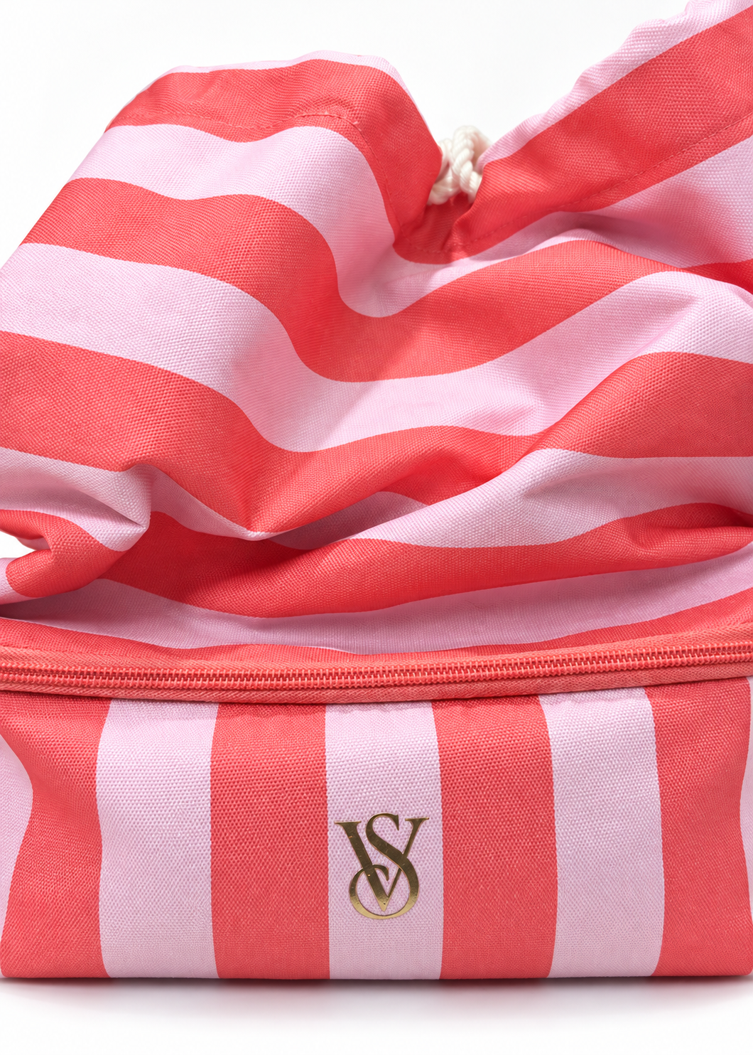 Victoria's Secret coral pink striped cooler backpack, striped fabric and gold VS logo detail