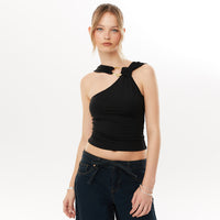 Women’s Black/Pink Asymmetrical Halter Tank Top – Metal Strap Detail - Gloss & Grit