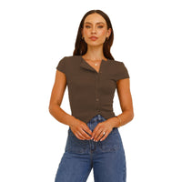 Women’s Button Shoulder V-Neck Ribbed Tee – Slim Fit Short Sleeve - Gloss & Grit