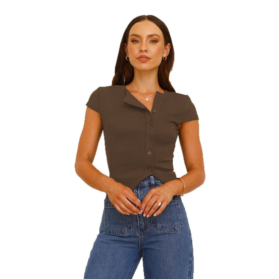 Women’s Button Shoulder V-Neck Ribbed Tee – Slim Fit Short Sleeve - Gloss & Grit