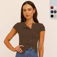 Women’s Button Shoulder V-Neck Ribbed Tee – Slim Fit Short Sleeve - Gloss & Grit