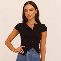 Women’s Button Shoulder V-Neck Ribbed Tee – Slim Fit Short Sleeve - Gloss & Grit