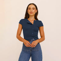 Women’s Button Shoulder V-Neck Ribbed Tee – Slim Fit Short Sleeve - Gloss & Grit